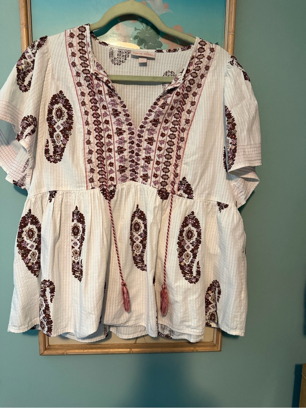 Knox Rose White Tunic with Maroon Embroidery and Tassel Ties